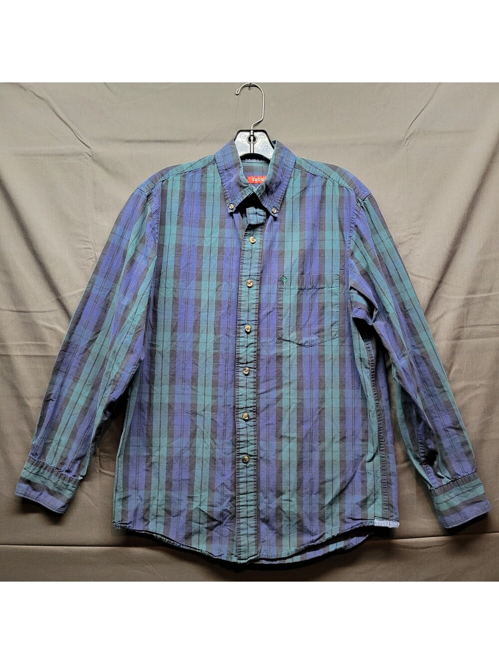 Men's Izod Dark Green/Blue Plaid Cotton Button-up Sz S